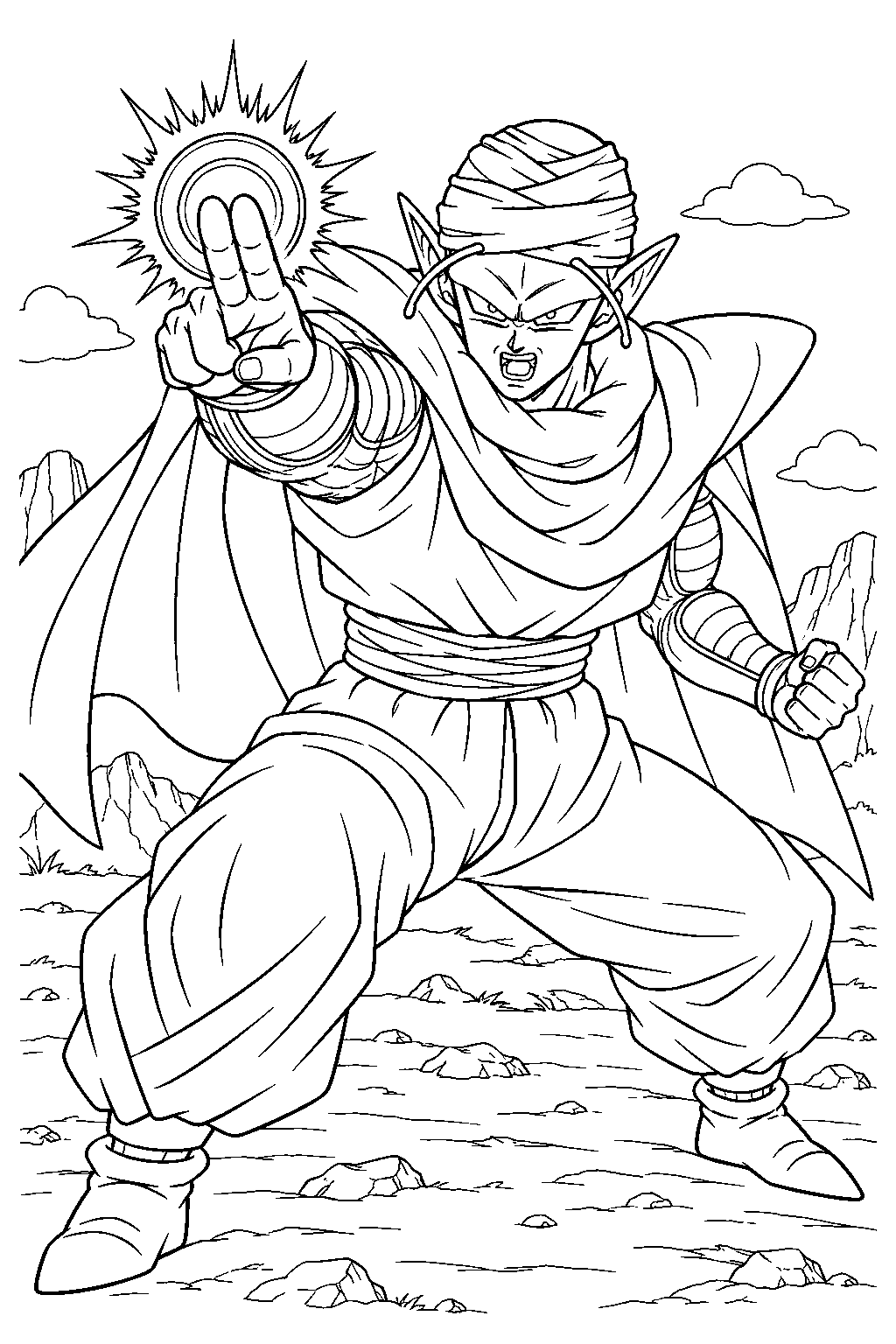 dragon ball z piccolo preparing the special beam cannon during the battle with raditz line art