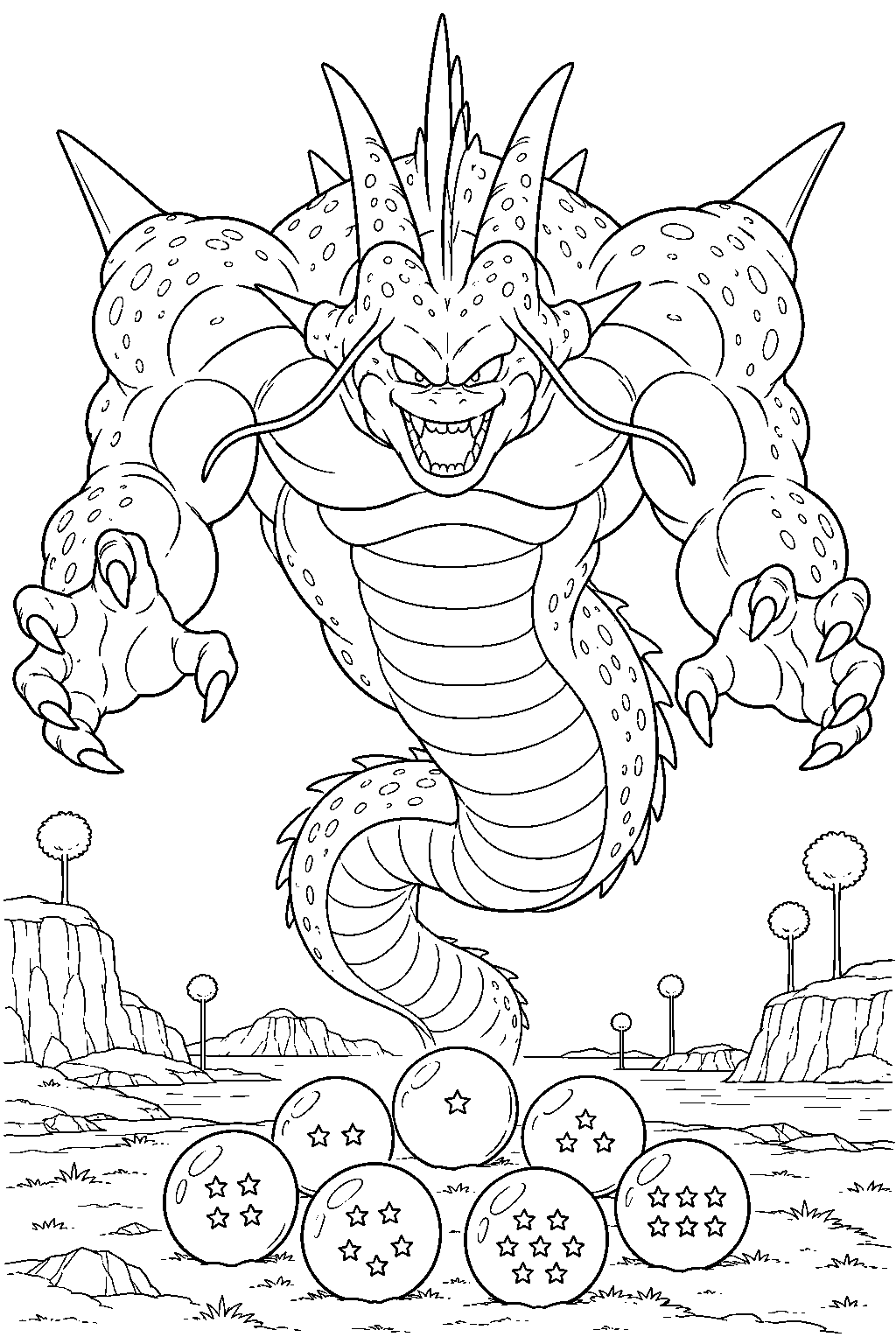 dragon ball z porunga appearing above the seven namekian dragon balls on planet namek line art