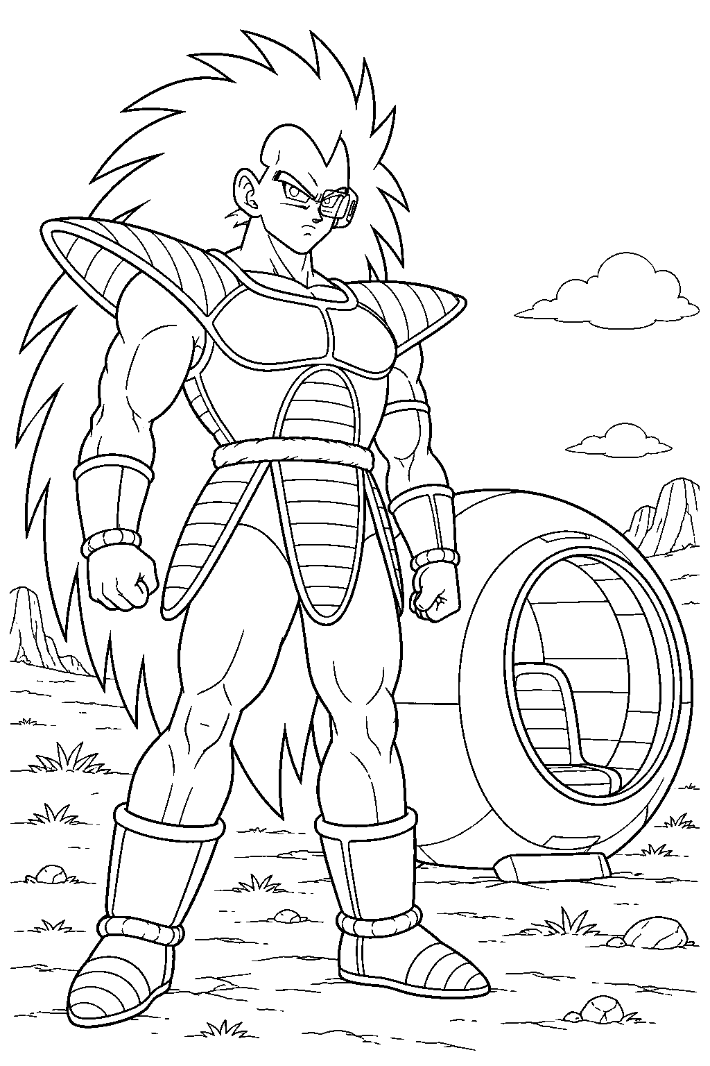 dragon ball z raditz wearing a scouter beside his landing pod on earth line art