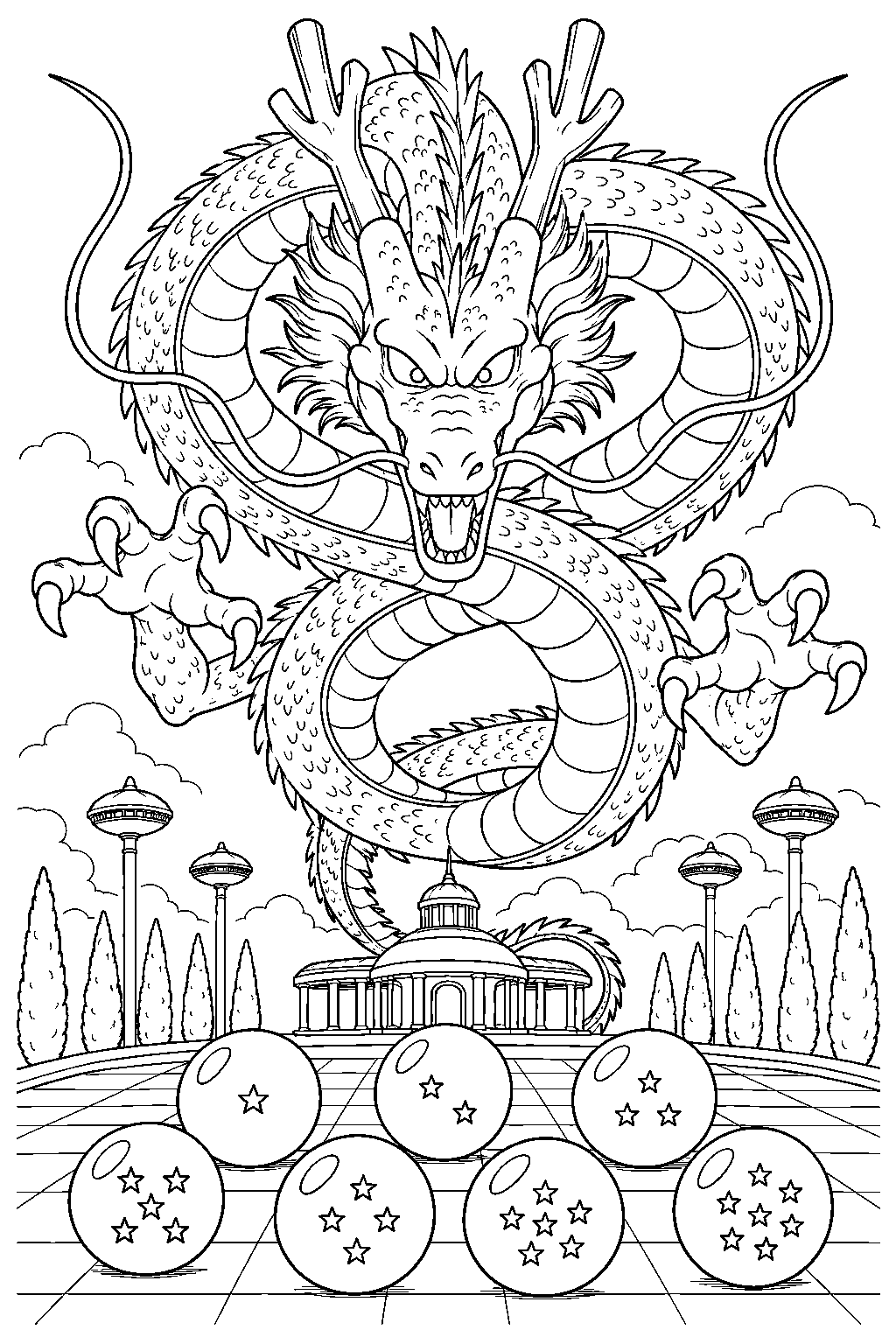 dragon ball z shenron rising above the seven dragon balls at kami s lookout line art