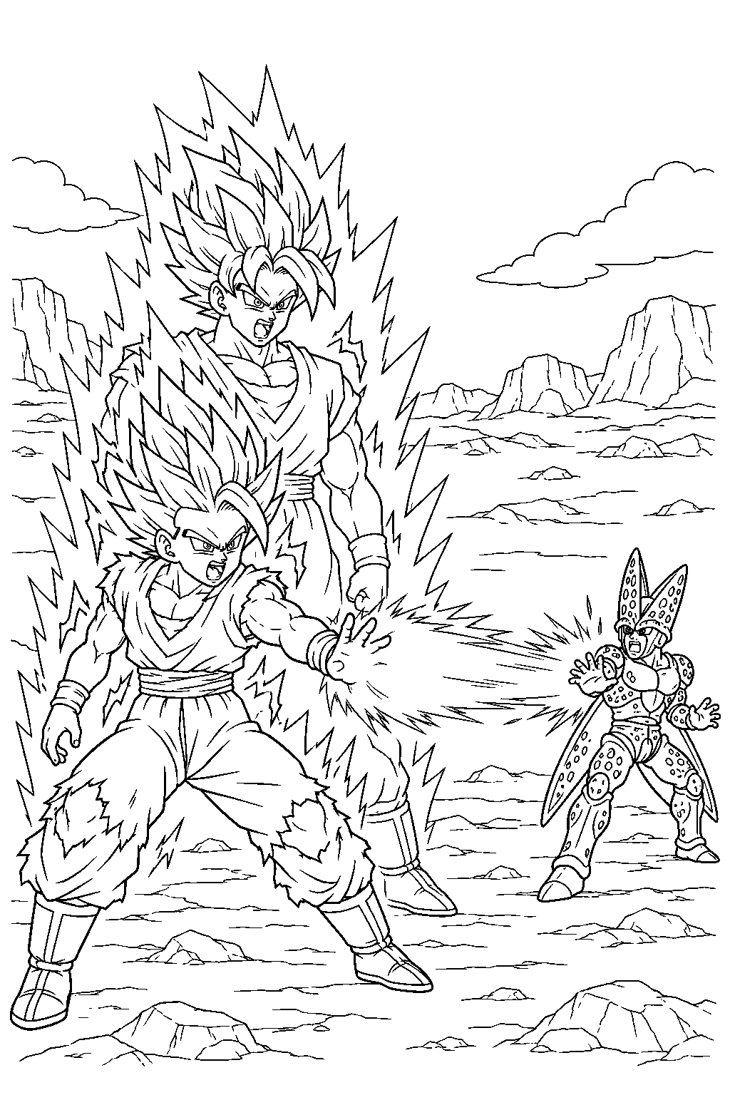 dragon ball z super saiyan 2 gohan unleashing the father son kamehameha against cell line art
