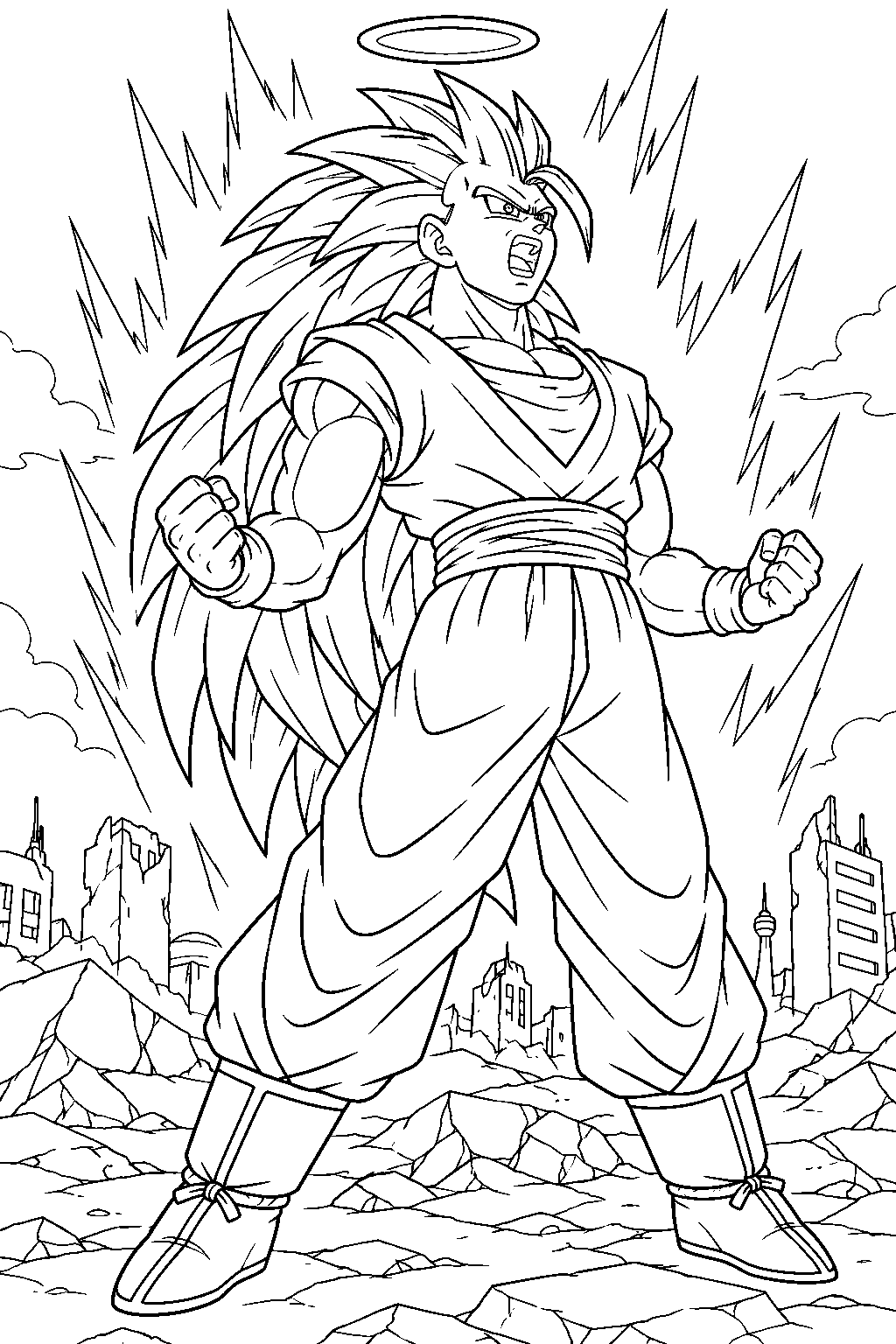 dragon ball z super saiyan 3 goku powering up with a halo above a ruined city line art