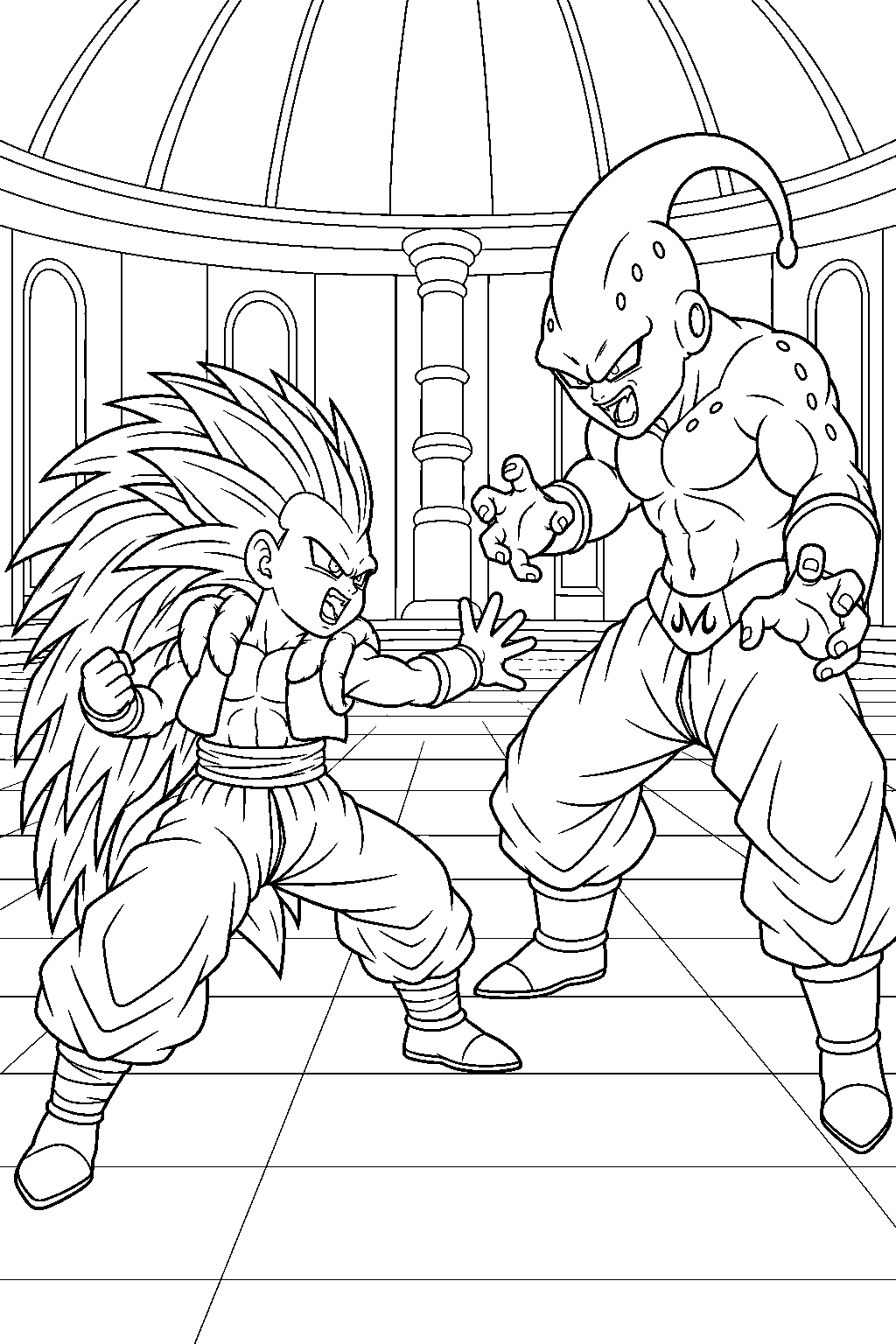 dragon ball z super saiyan 3 gotenks facing super buu inside the hyperbolic time chamber line art