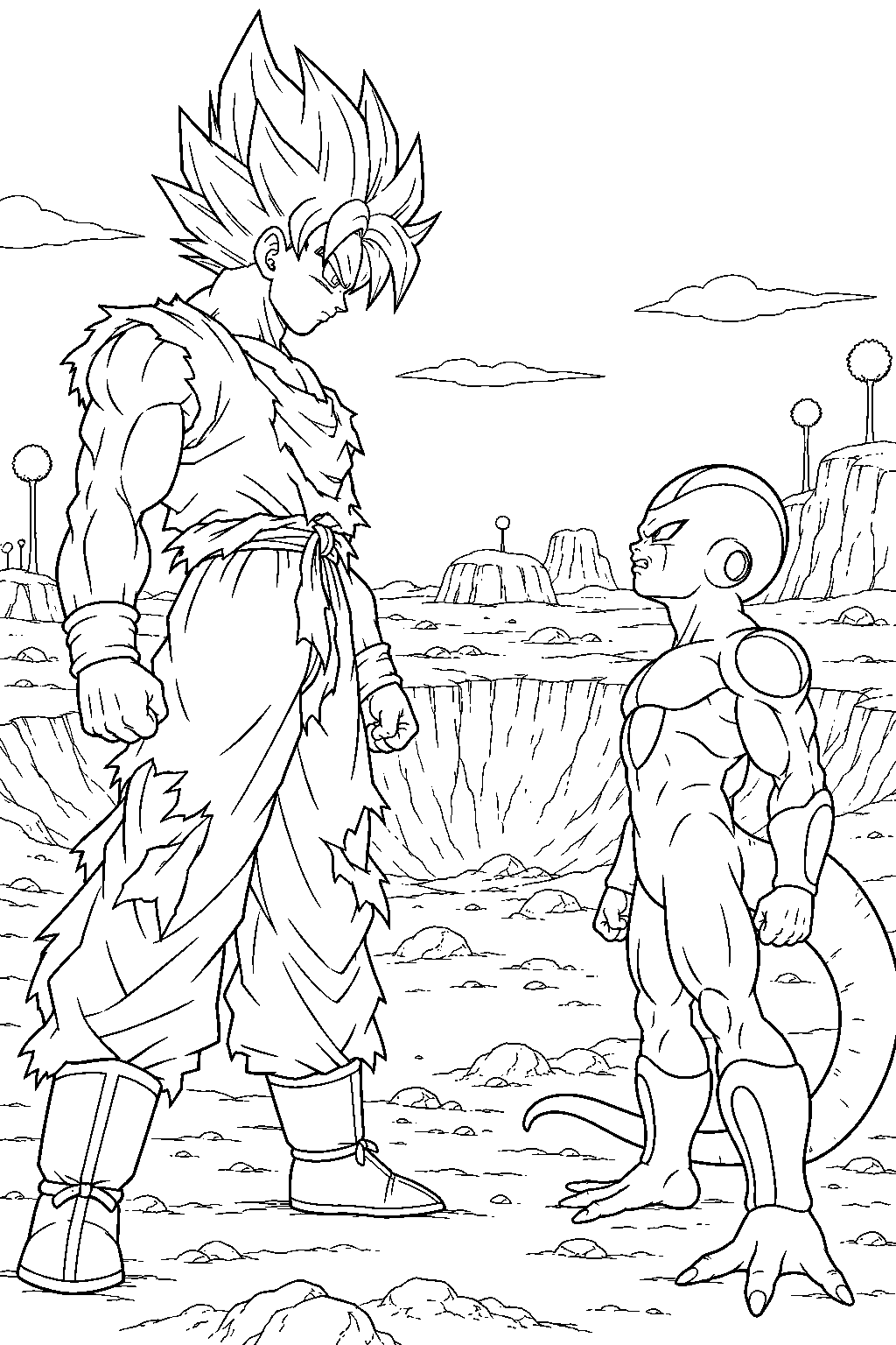 dragon ball z super saiyan goku confronting frieza beside a crater on planet namek line art