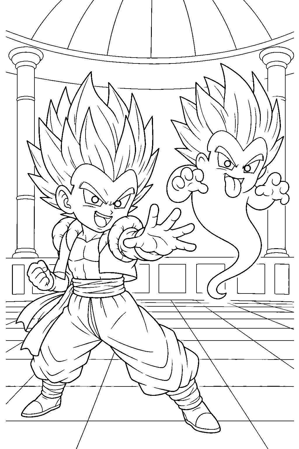 dragon ball z super saiyan gotenks summoning a ghost inside the hyperbolic time chamber line art