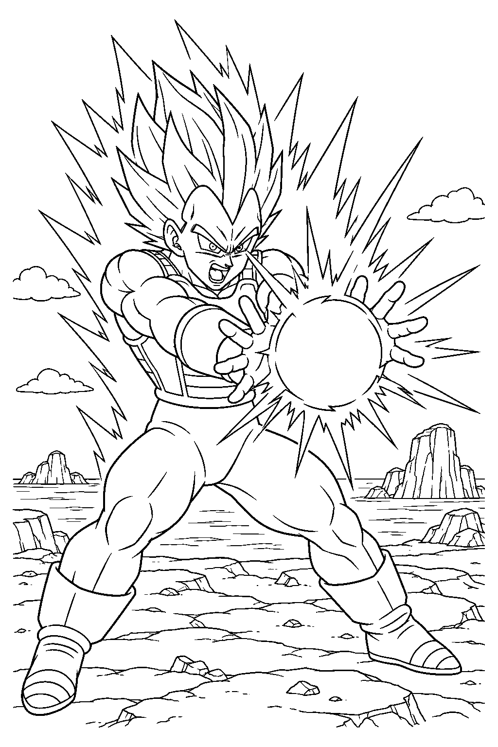 dragon ball z super saiyan vegeta charging a final flash on a rocky island line art