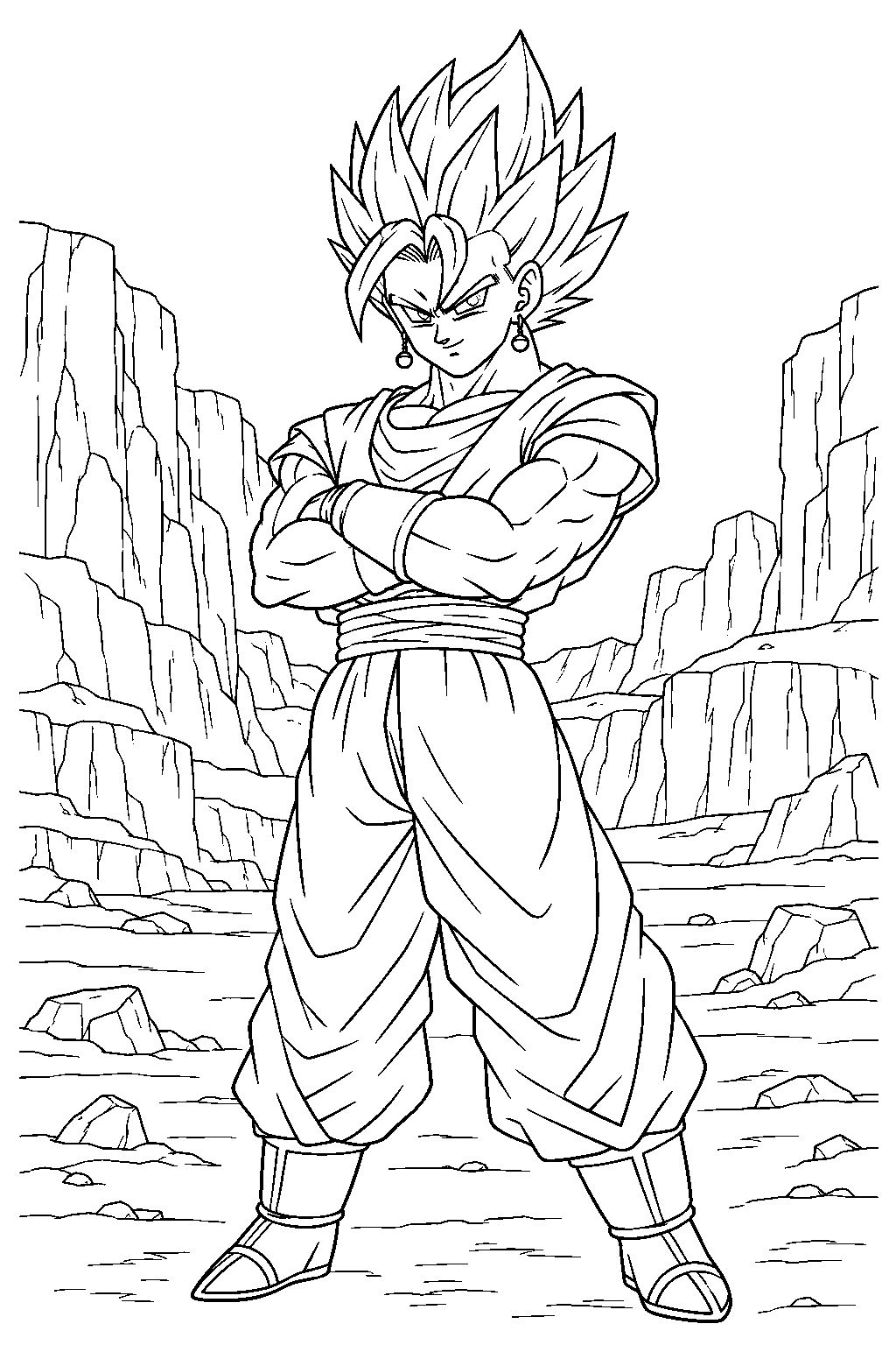 dragon ball z super vegito crossing his arms in a rocky canyon line art