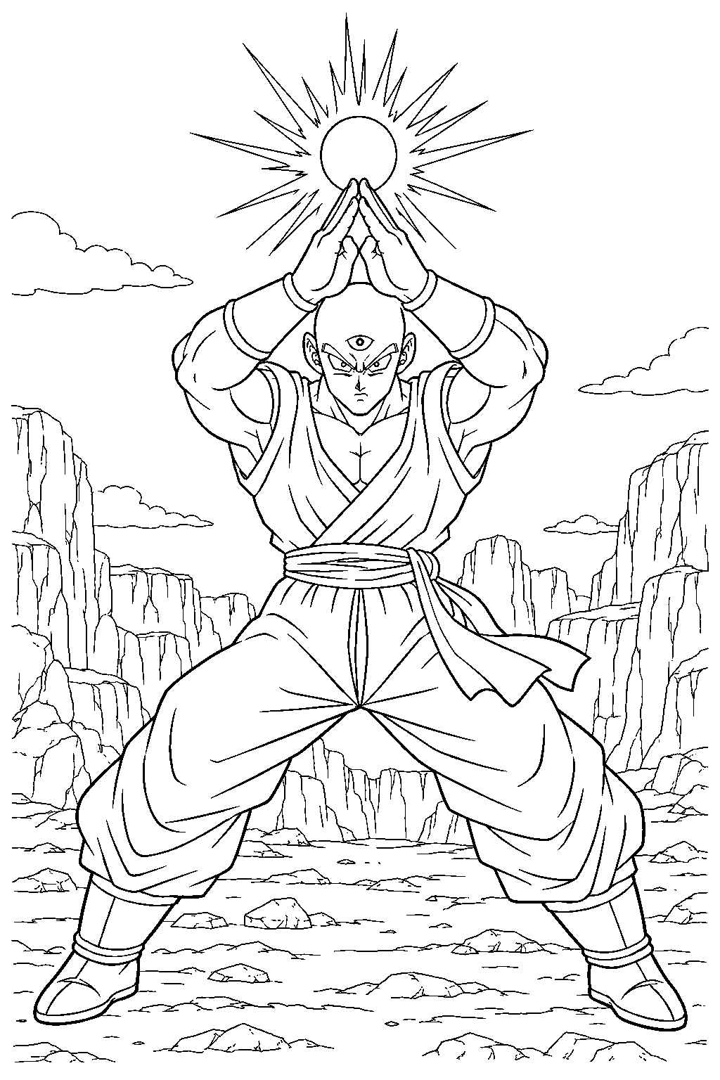 dragon ball z tien preparing a tri beam above a rocky canyon line art