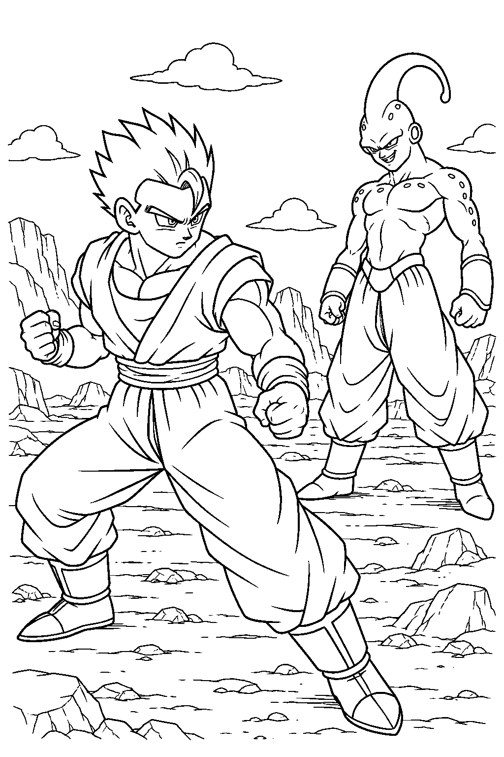 dragon ball z ultimate gohan preparing to face super buu on a rocky plain line art