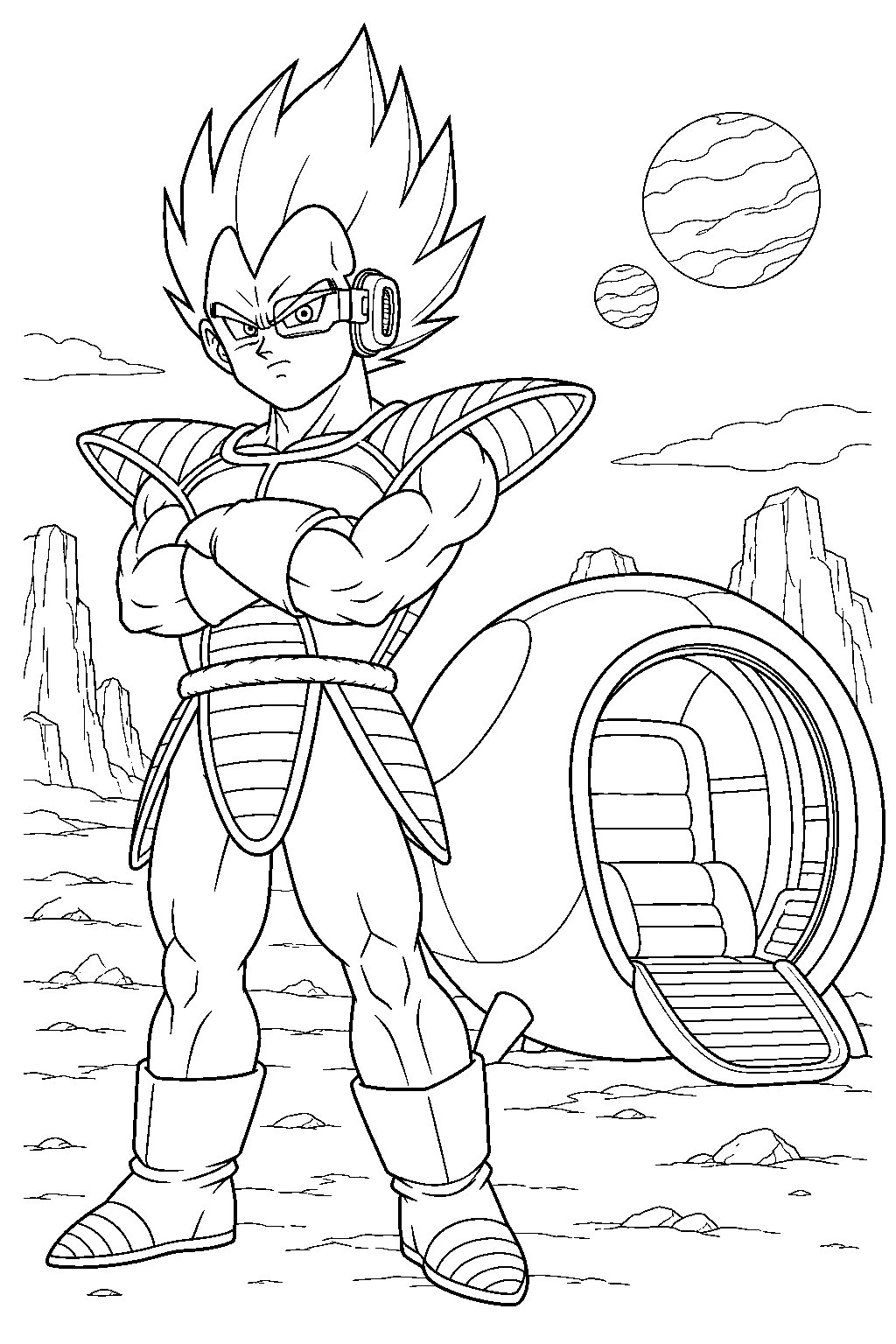 dragon ball z vegeta wearing saiyan armor and a scouter beside his space pod line art