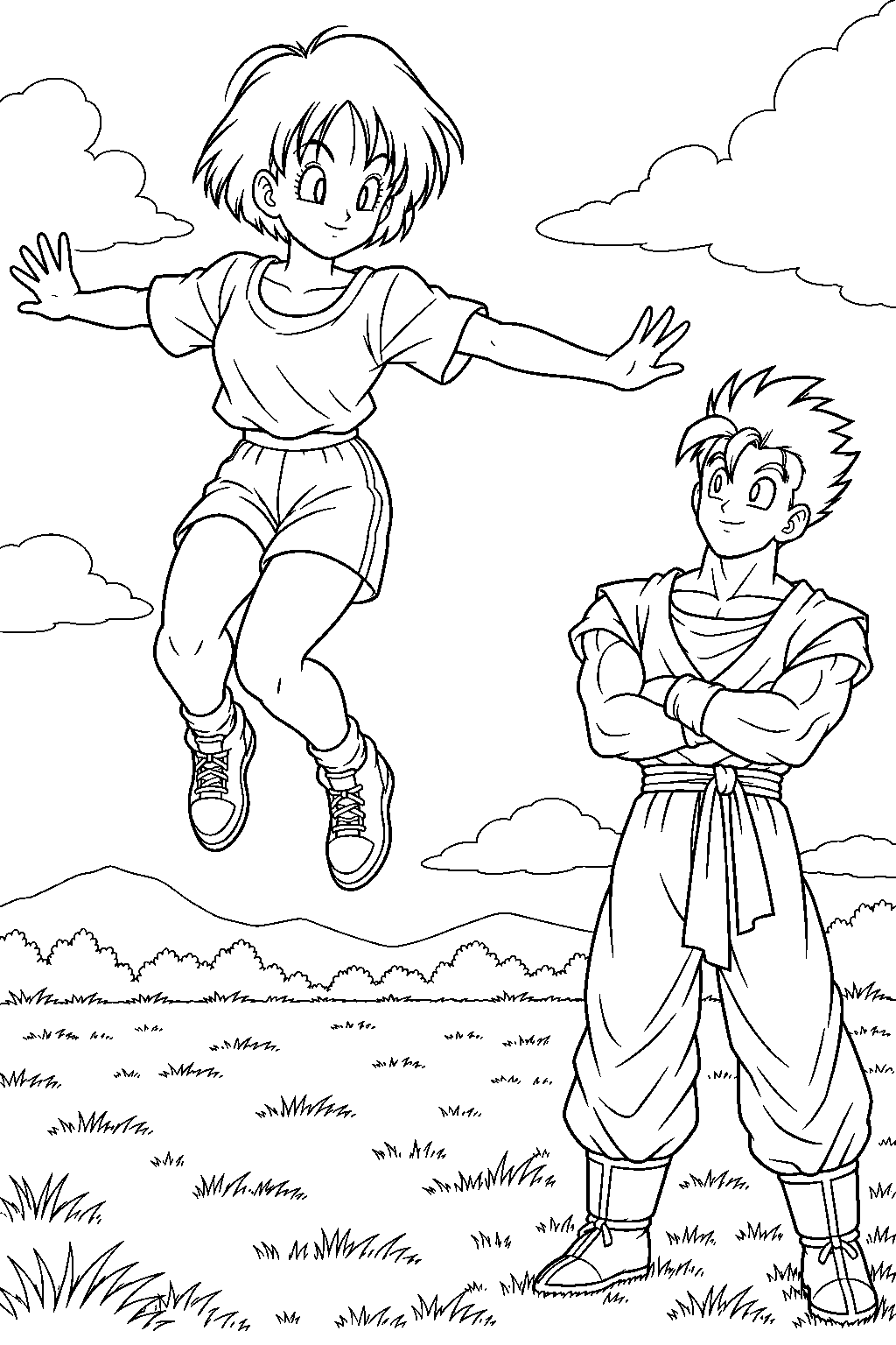 dragon ball z videl learning to fly while gohan watches from a grassy field line art