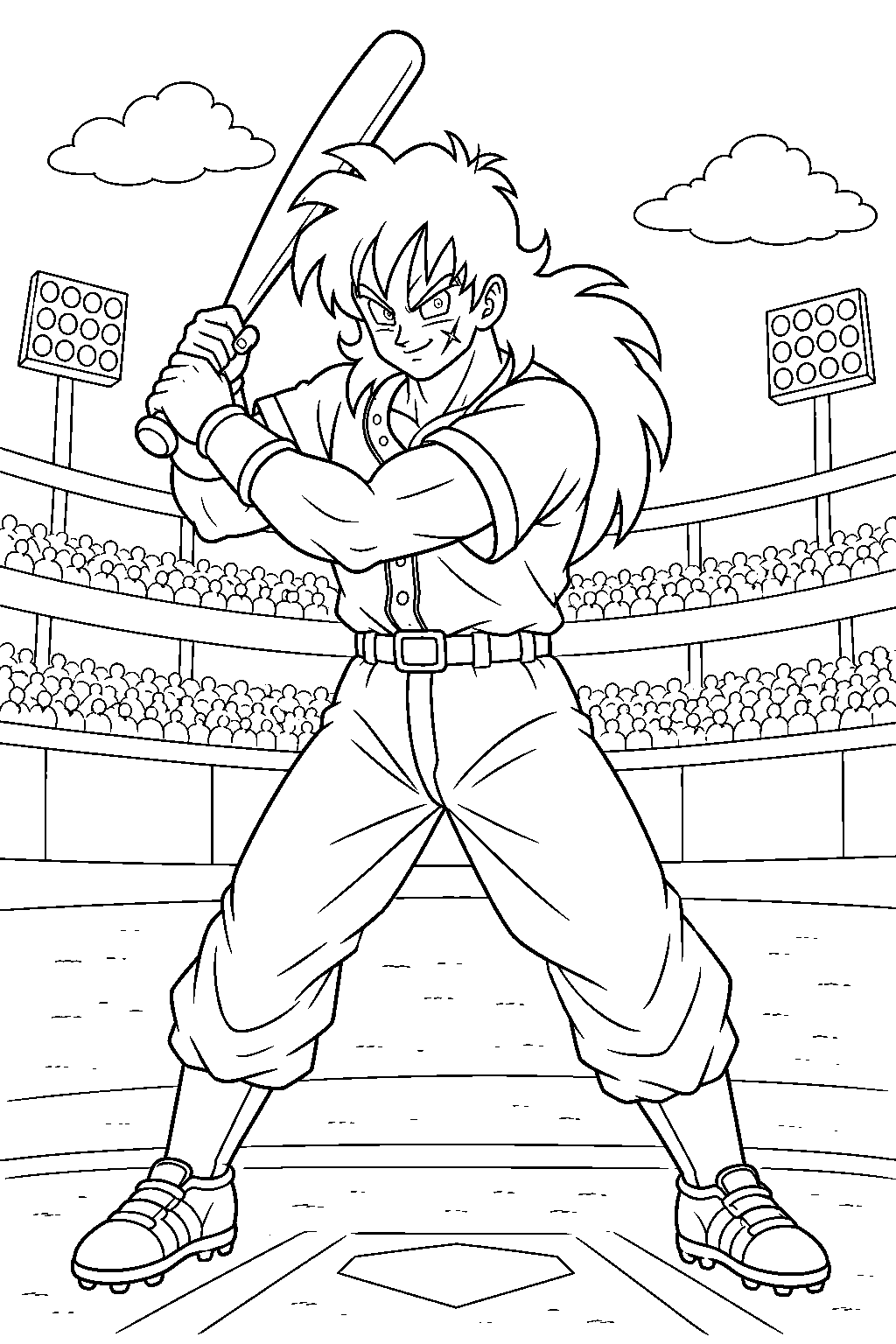 dragon ball z yamcha holding a baseball bat in a stadium line art