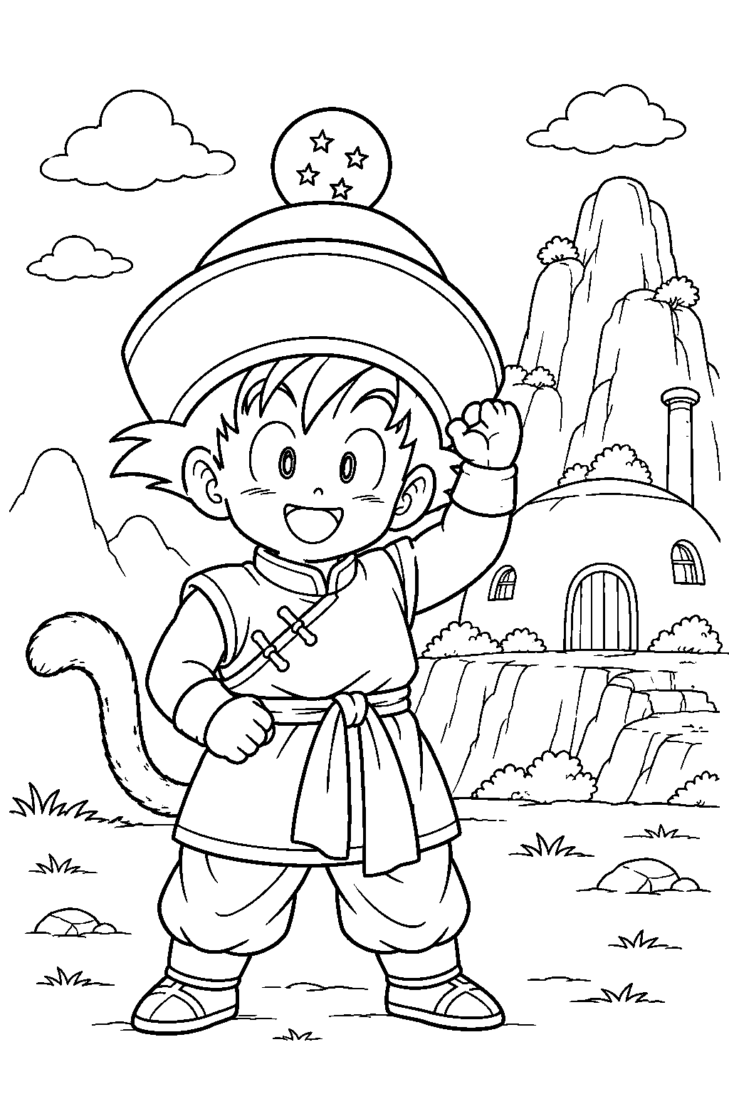 dragon ball z young gohan wearing his four star dragon ball hat beside goku s mountain home line art