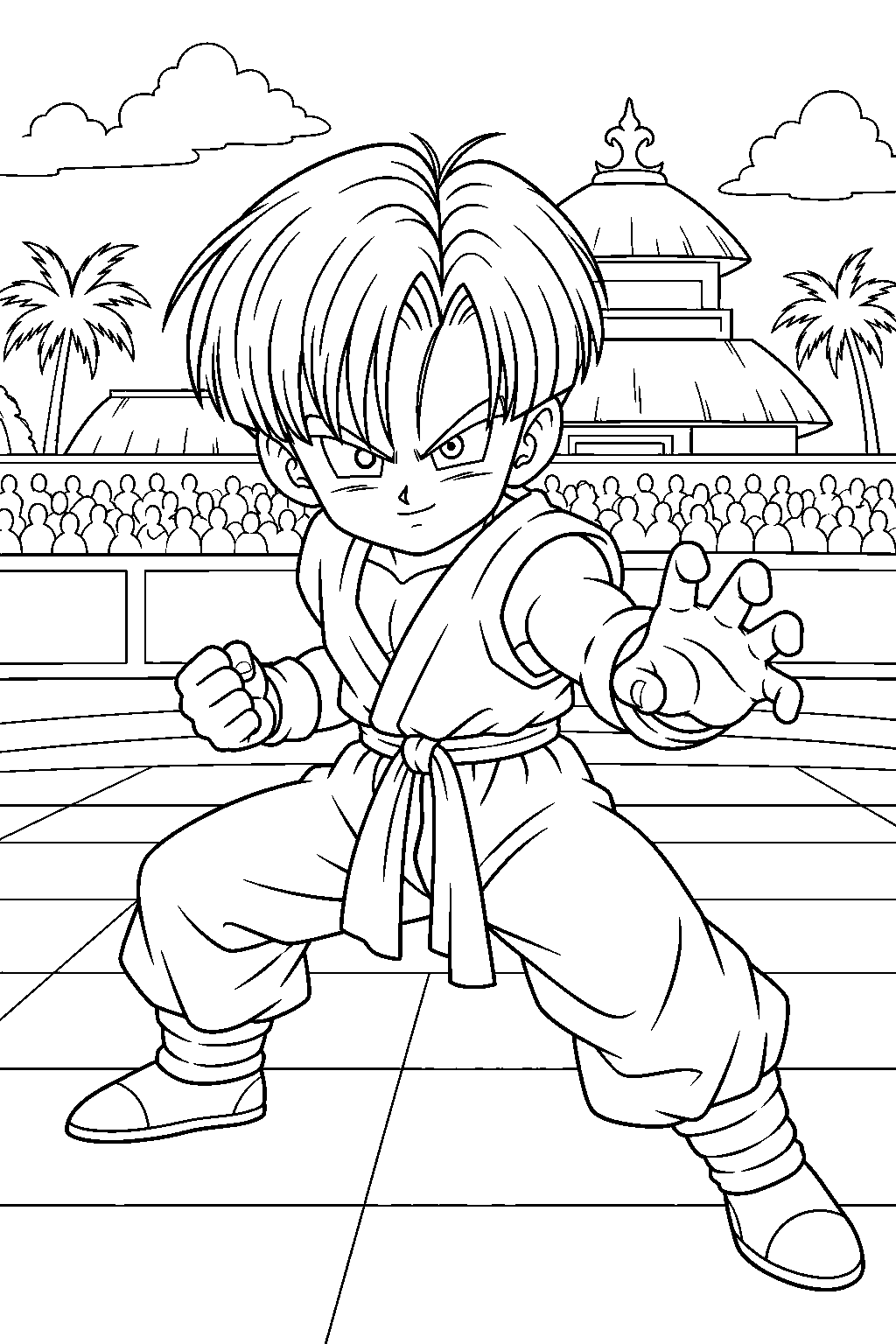 dragon ball z young trunks competing in the junior world martial arts tournament line art