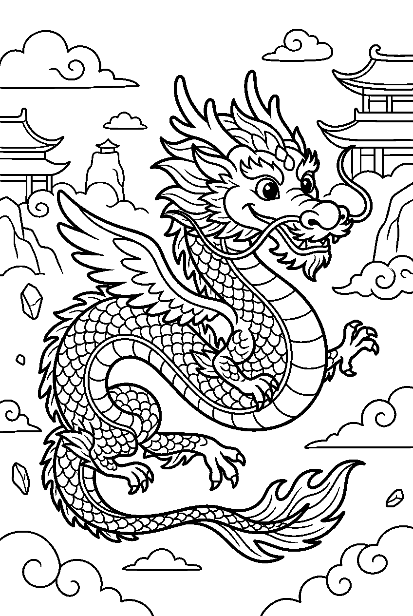 chinese dragon in sky kingdom line art