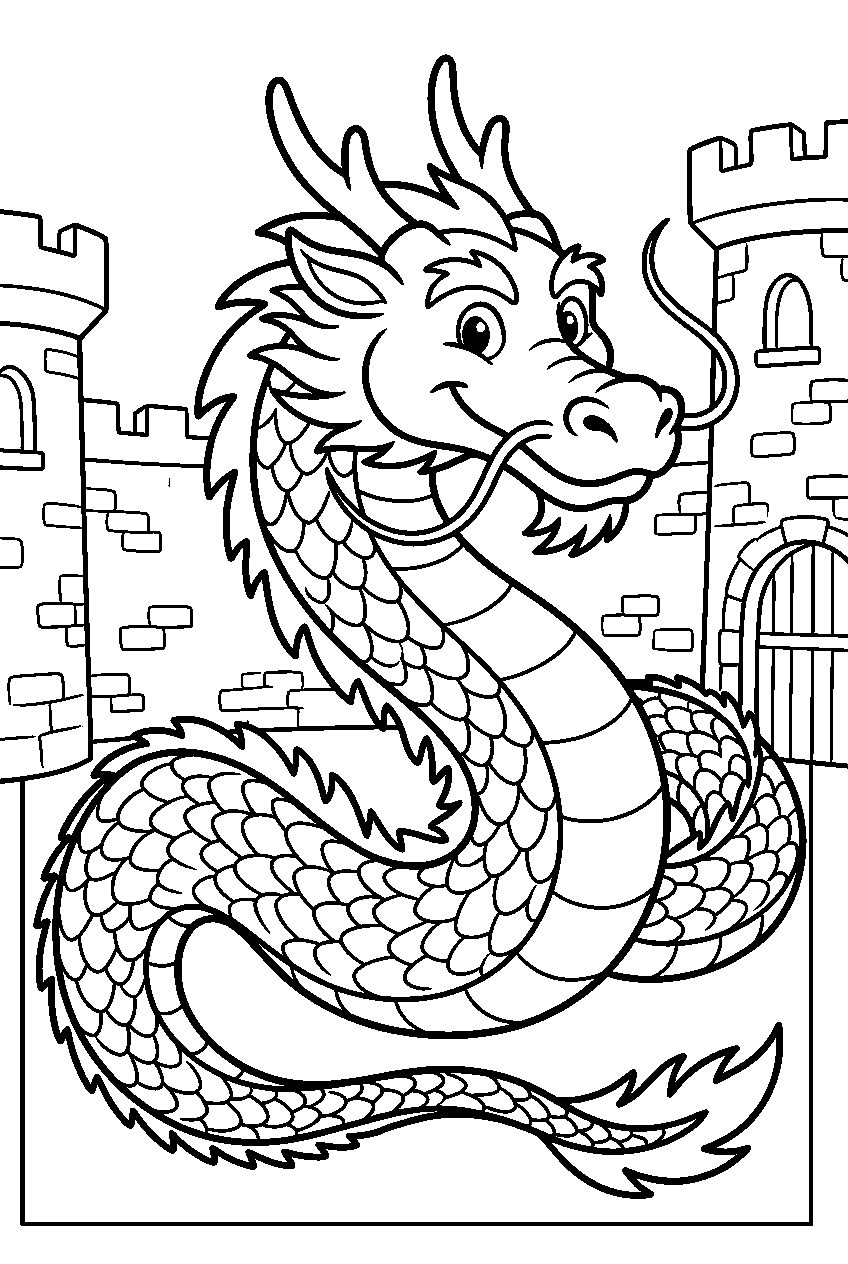 chinese dragon in stone fortress line art