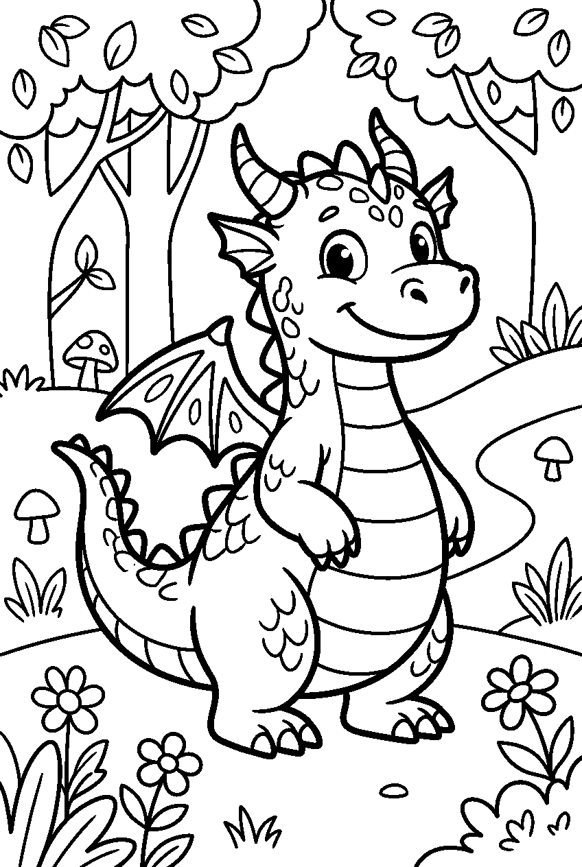 cute dragon in enchanted forest line art