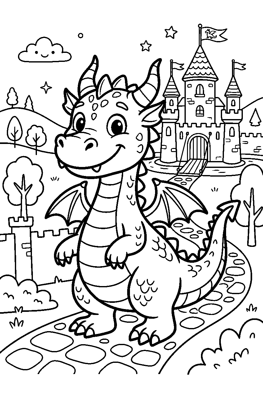 cute dragon in fantasy kingdom line art