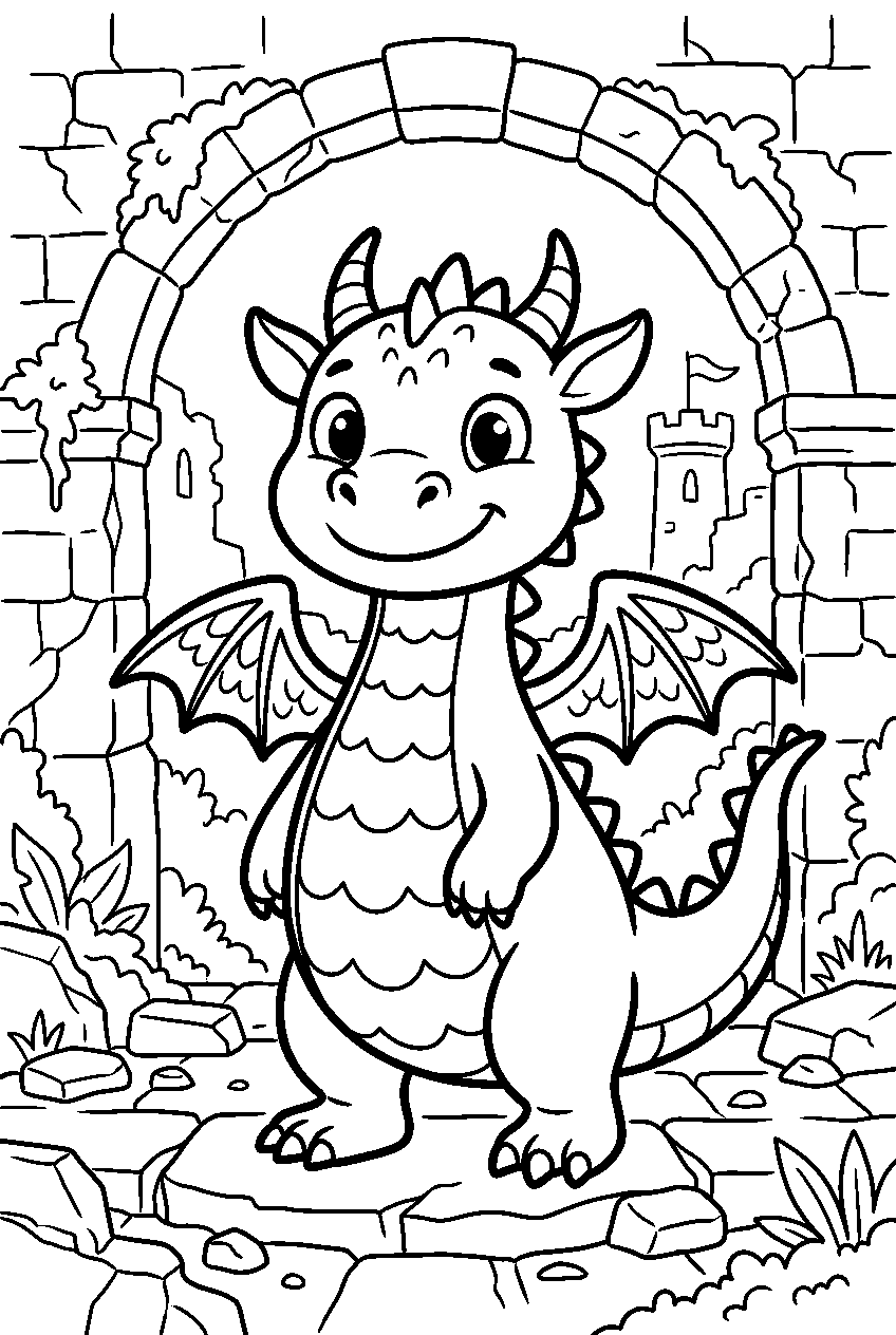 cute dragon in ruined fortress line art