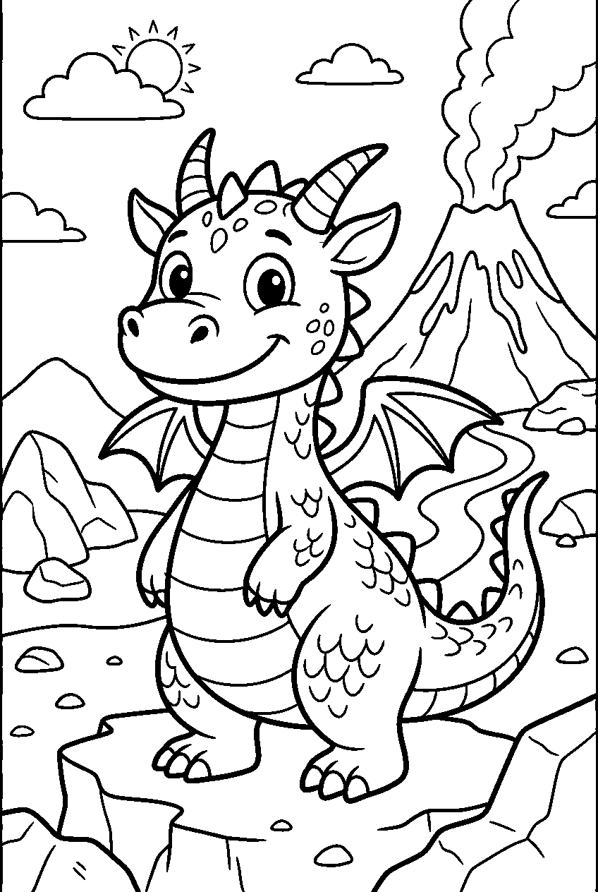 cute dragon in volcanic valley line art