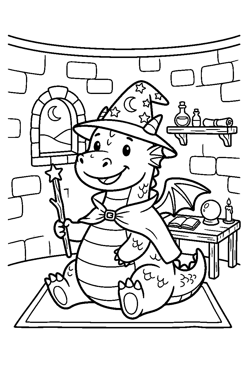 cute dragon in wizard tower line art