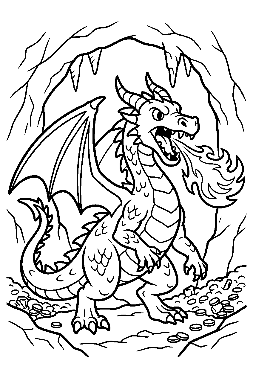 fire breathing dragon in dragon cave line art