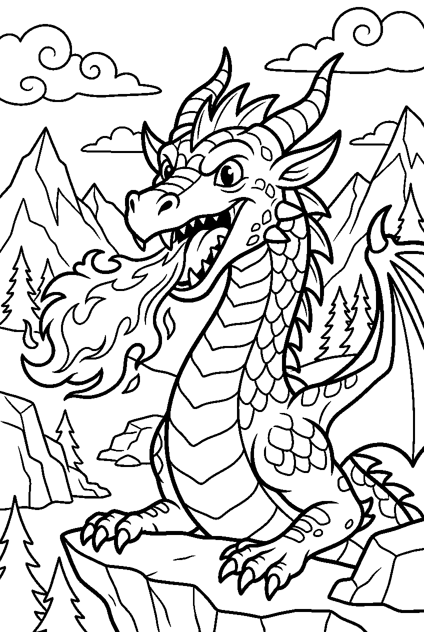 fire breathing dragon in hidden valley line art