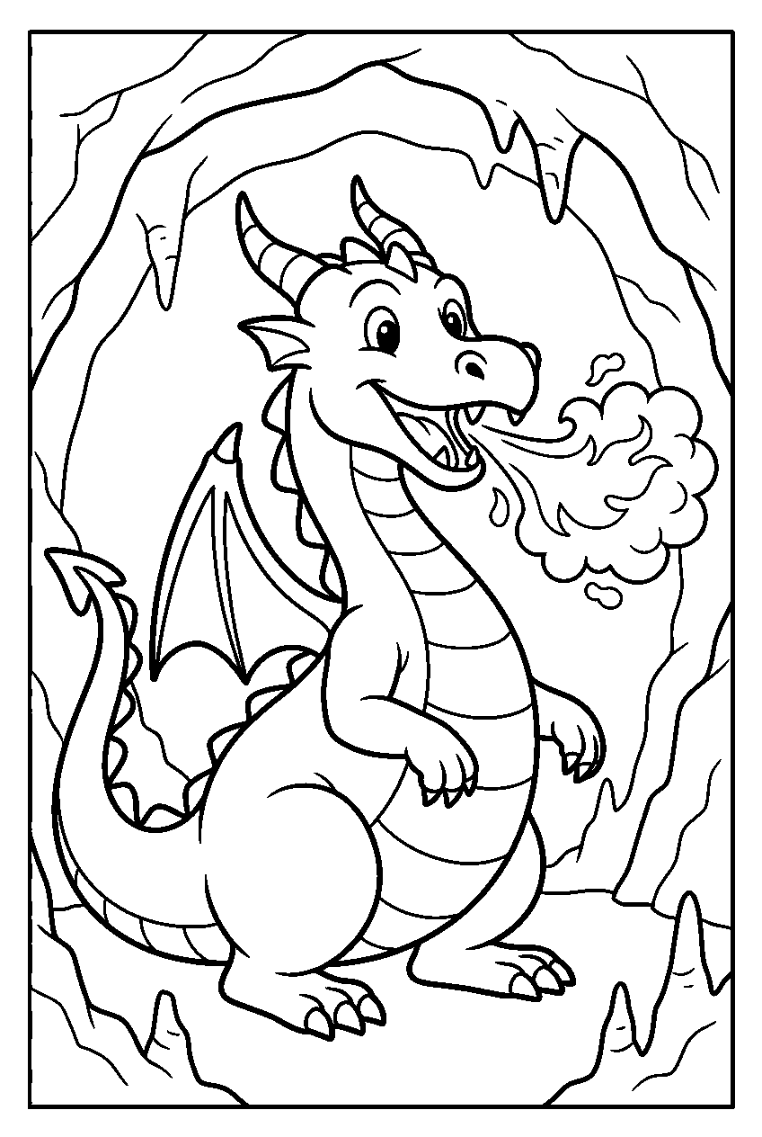 fire breathing dragon in mountain cave line art