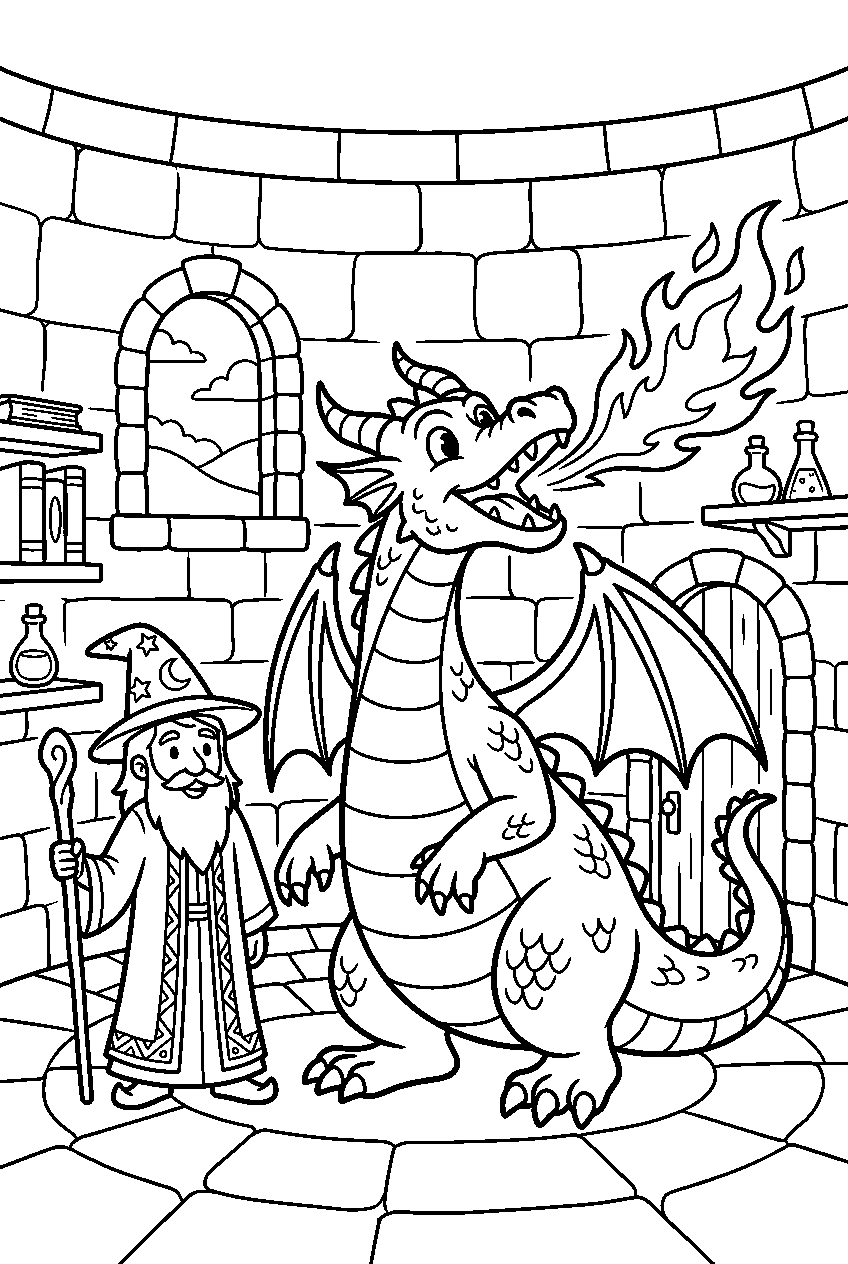 fire breathing dragon in wizard tower line art