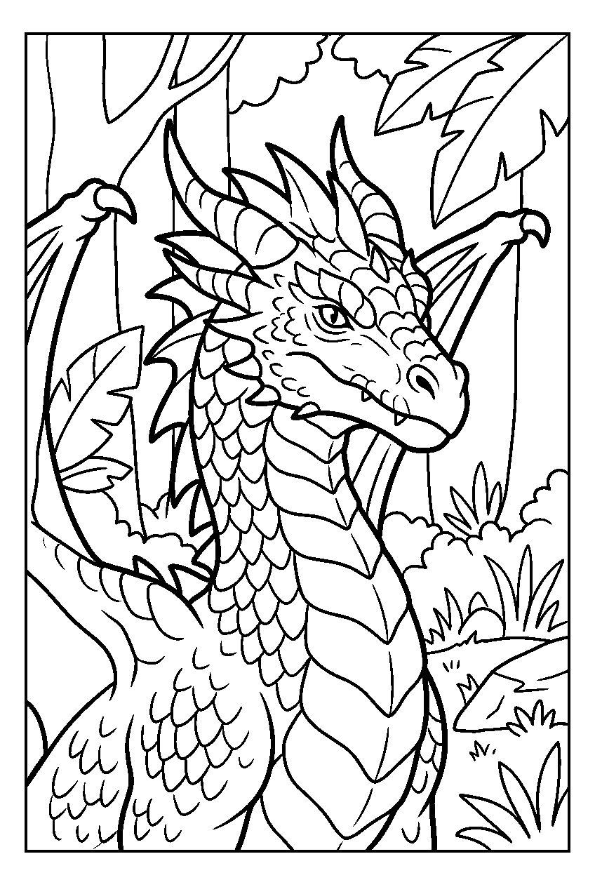 realistic dragon in ancient forest line art