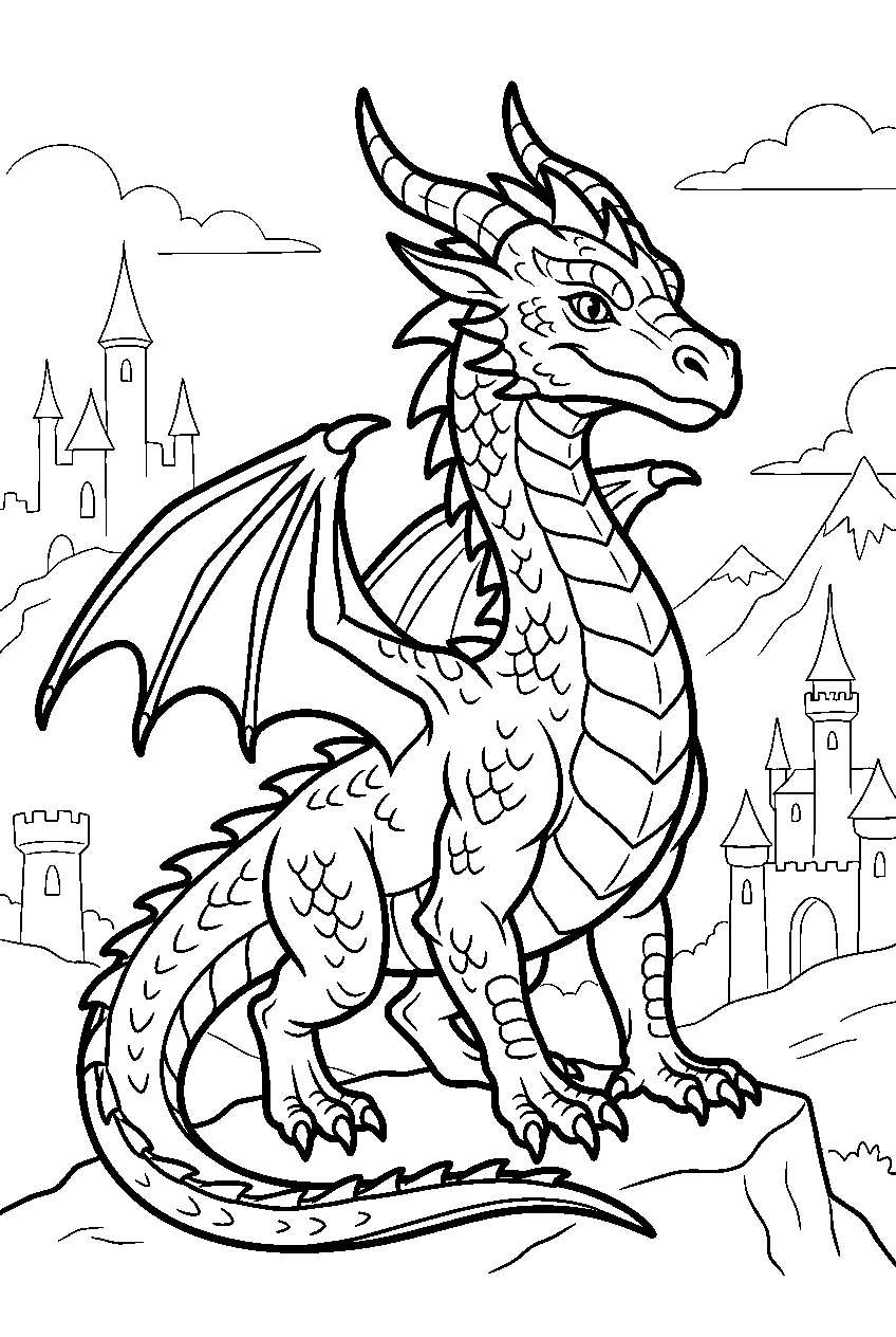 realistic dragon in dragon kingdom line art