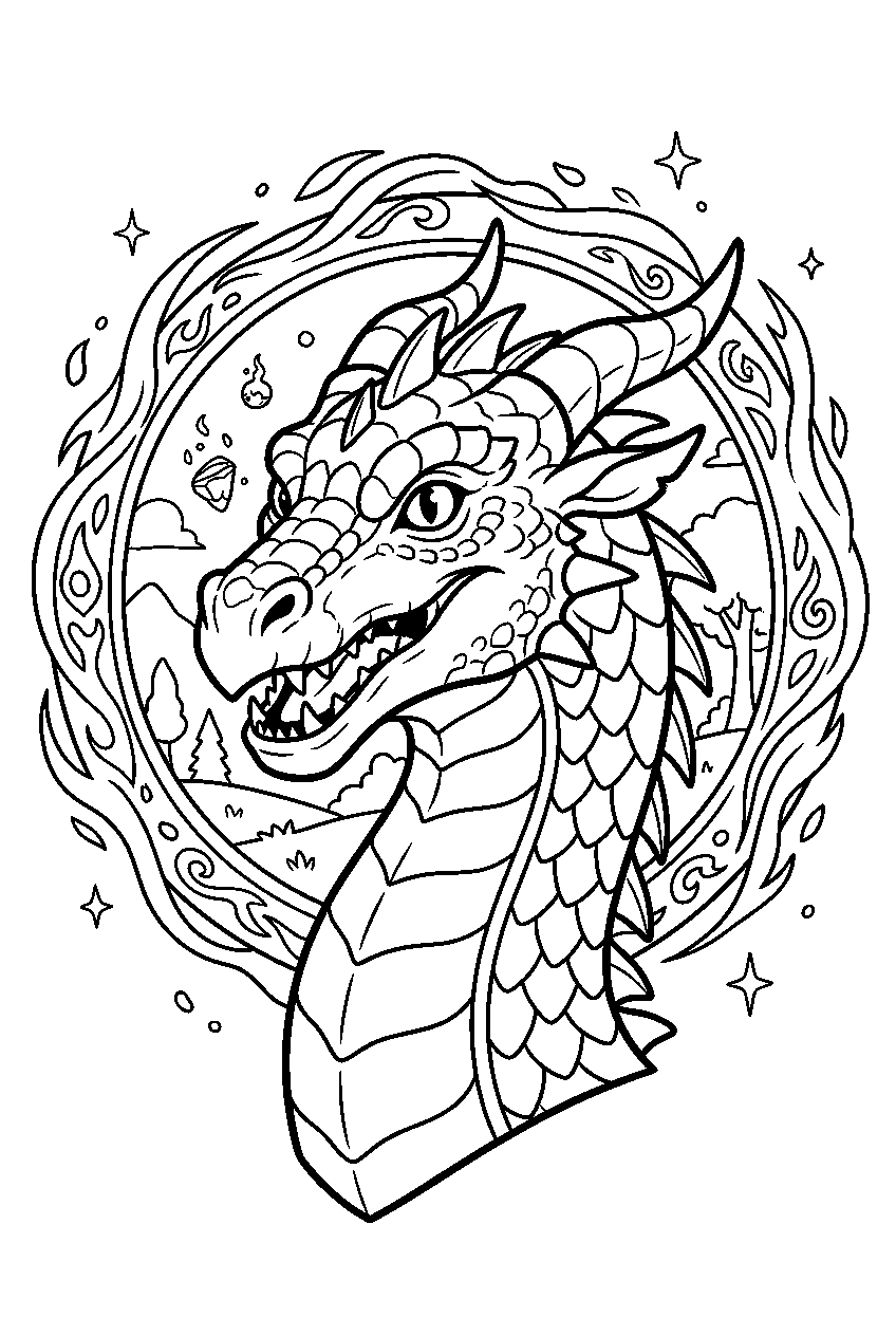 realistic dragon in magical portal area line art