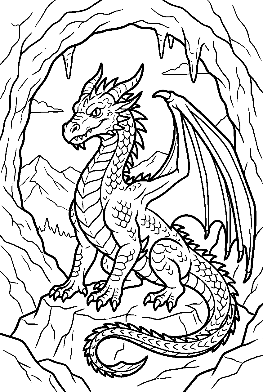 realistic dragon in mountain cave line art