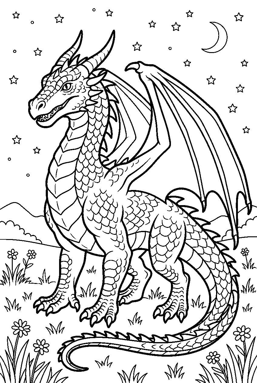 realistic dragon in starlight meadow line art