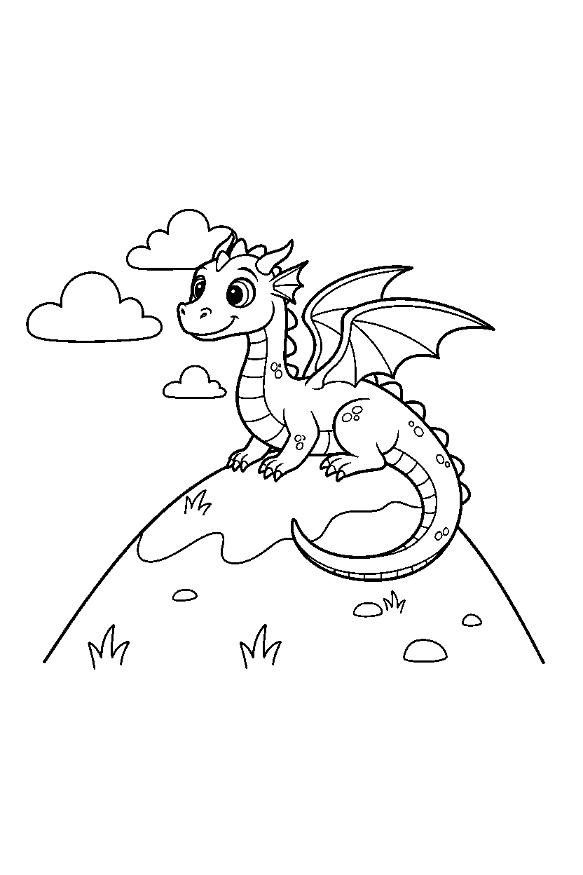 adventure dragon looking around on a mountain hill line art