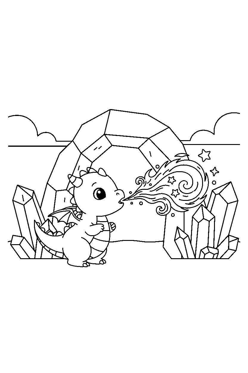 baby dragon breathing magic fire near a crystal cave line art