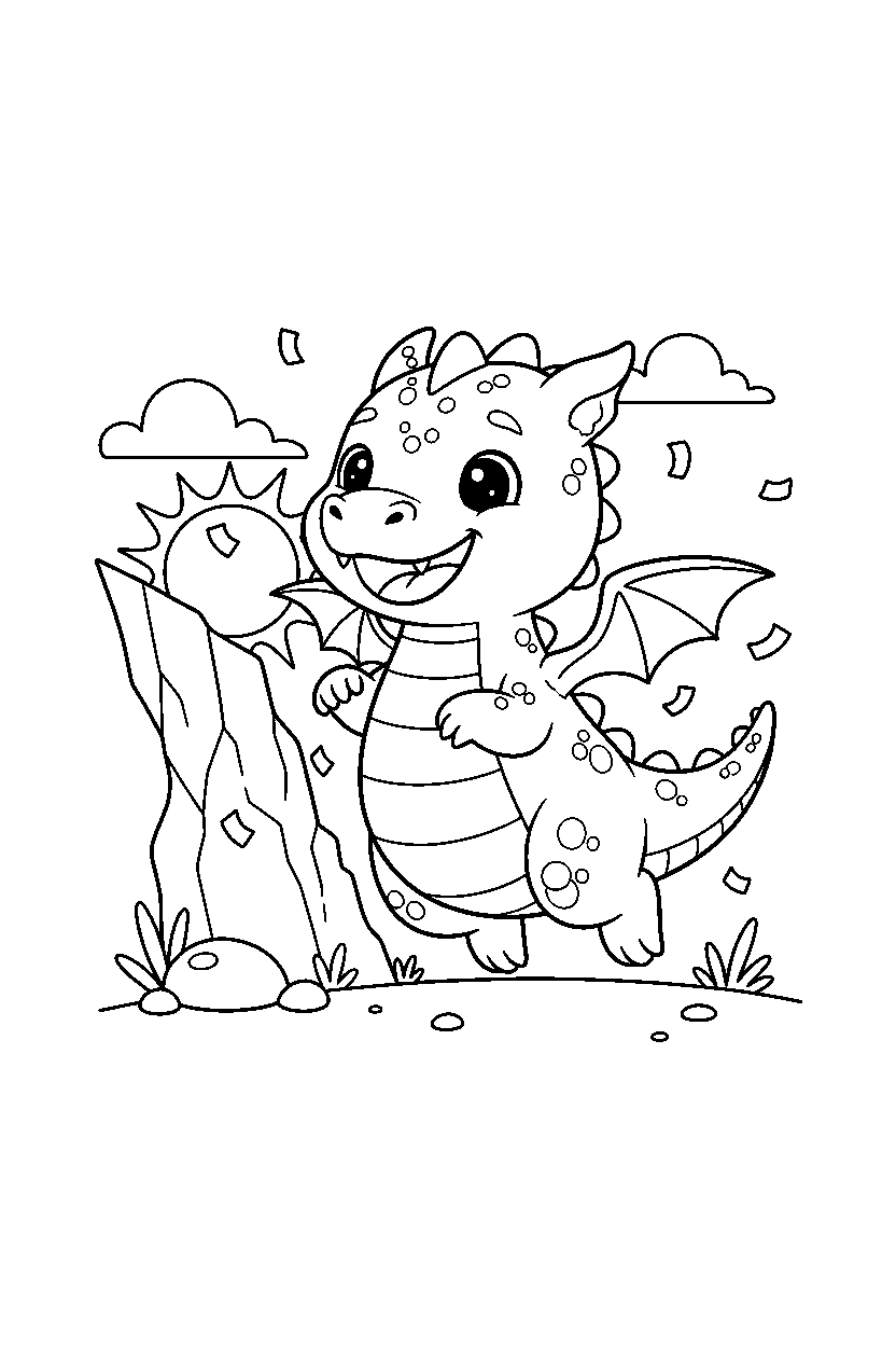 baby dragon celebrating happily near a rocky cliff line art