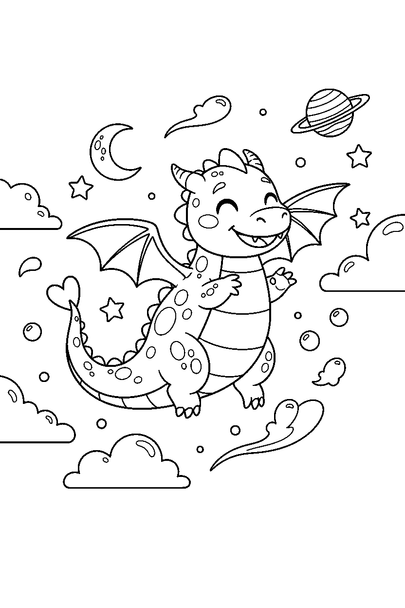 baby dragon flying happily in a dream world line art