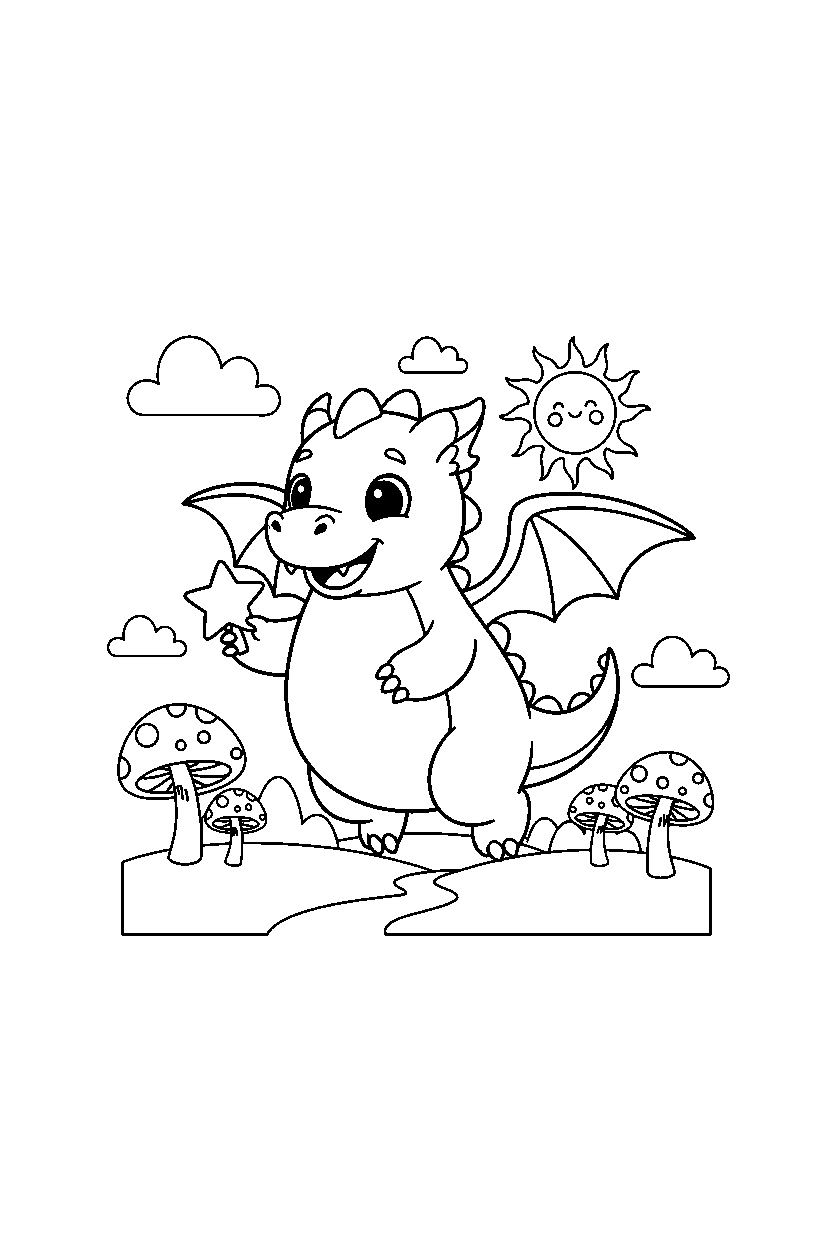 baby dragon flying happily in a fantasy land line art