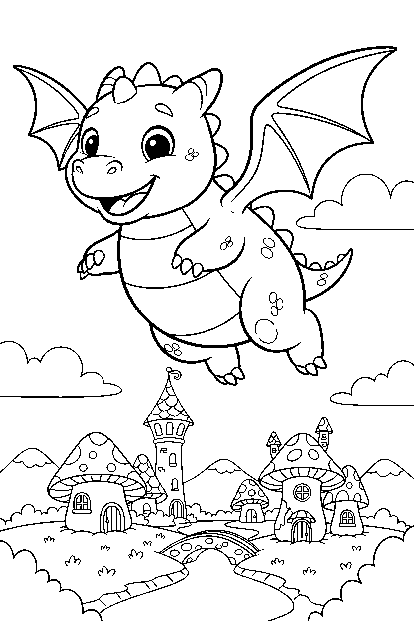 baby dragon flying happily near a fantasy village line art