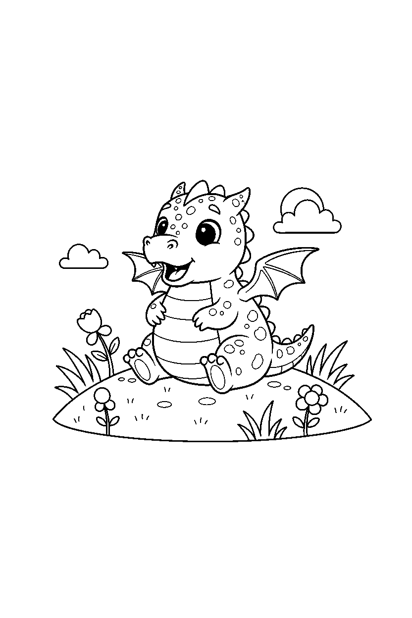 baby dragon looking surprised on a bright hill line art