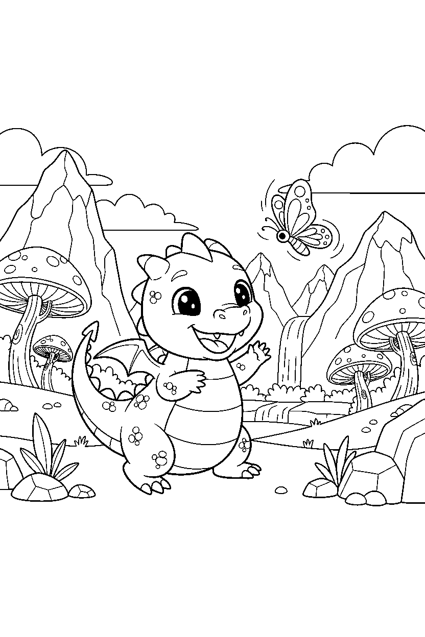 baby dragon playing happily in a dragon valley line art