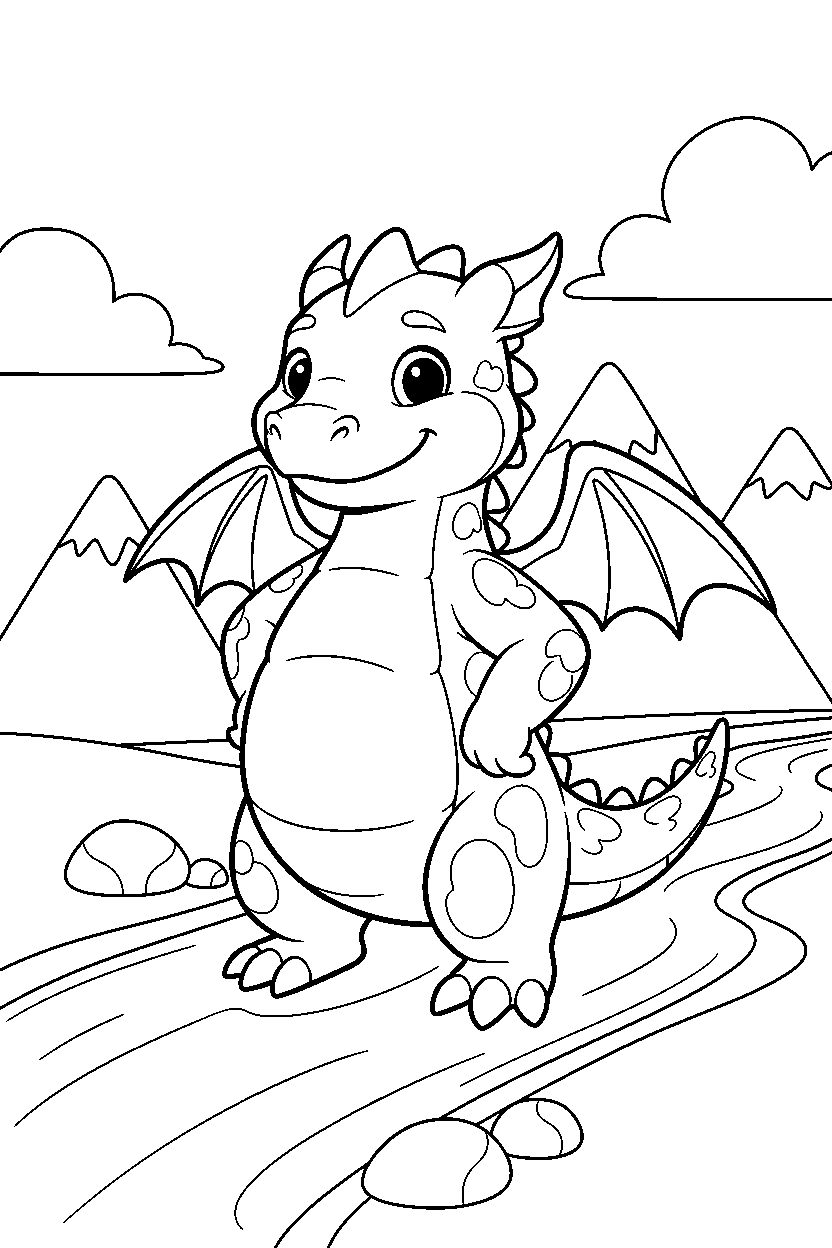 baby dragon posing proudly near a glowing river line art