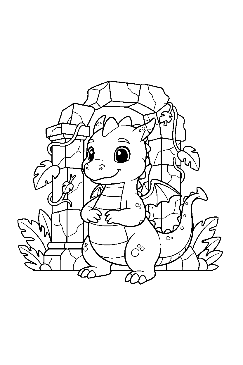baby dragon posing proudly near ancient ruins line art