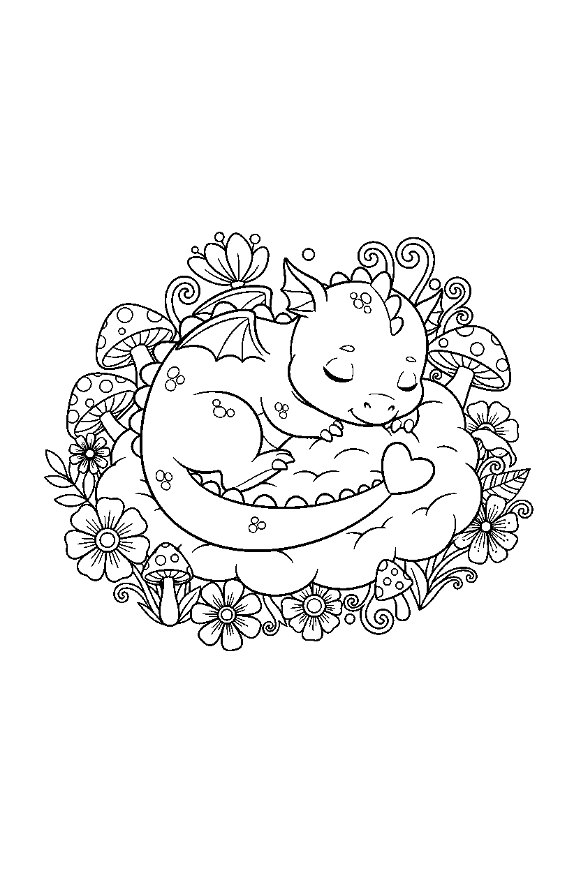 baby dragon resting peacefully in a colorful world line art
