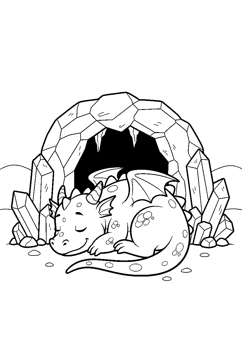 baby dragon resting peacefully near a crystal cave line art