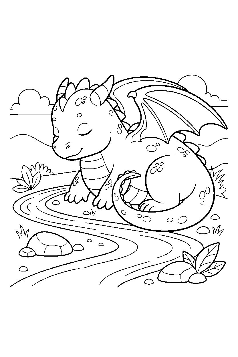 baby dragon resting peacefully near a glowing river line art