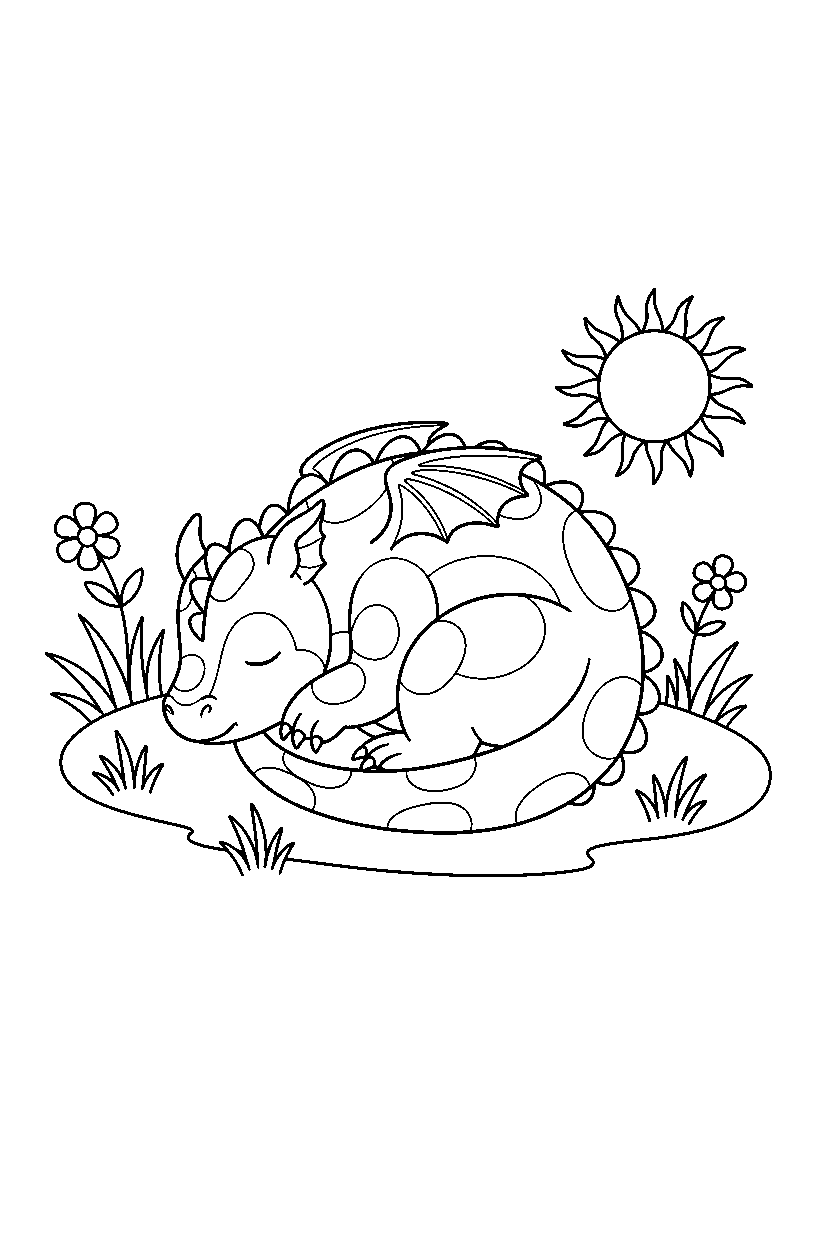 baby dragon resting peacefully on a sunny meadow line art