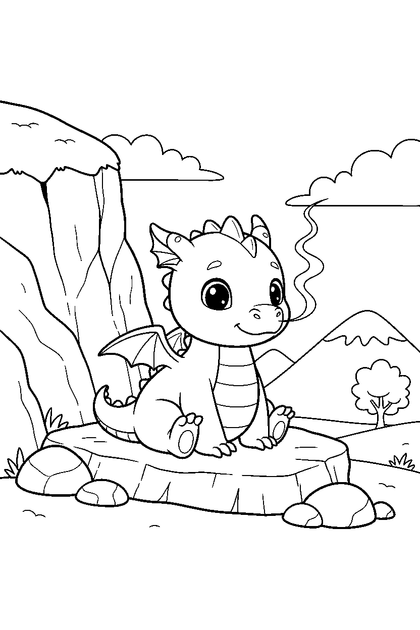 baby dragon sitting peacefully near a rocky cliff line art