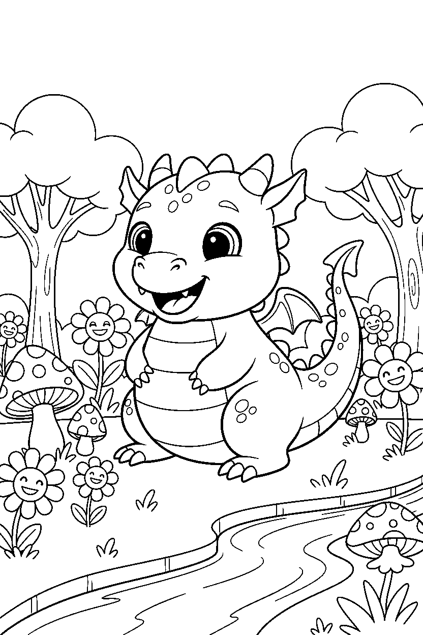 baby dragon smiling happily in a colorful world line art